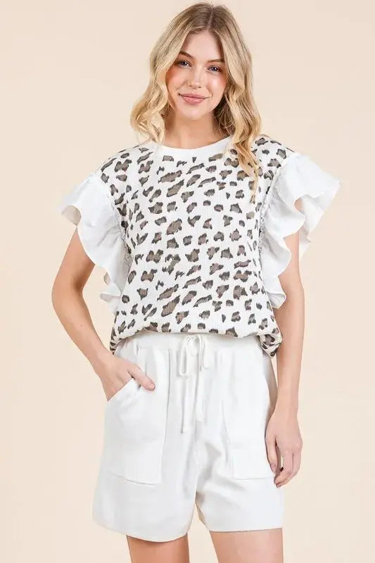 Lime 'N' Chili Ribbed Leopard Print Ruffle Detail Sleeveless Top - Love Salve